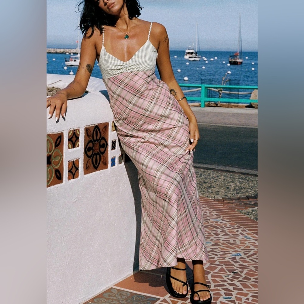 Princess Polly Pink Plaid Maxi Slip Dress with Cream Bodice